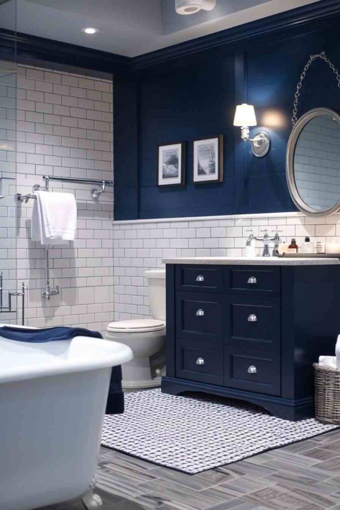 A navy blue wall with white tiles and white bathtub and blue vanity 