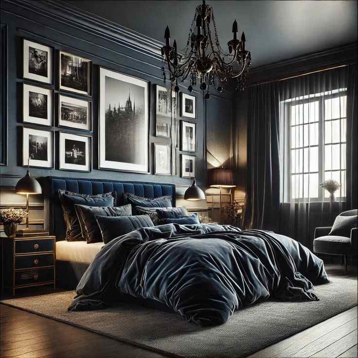 A navy blue bedroom with grey frames on the wall and windows with curtains 