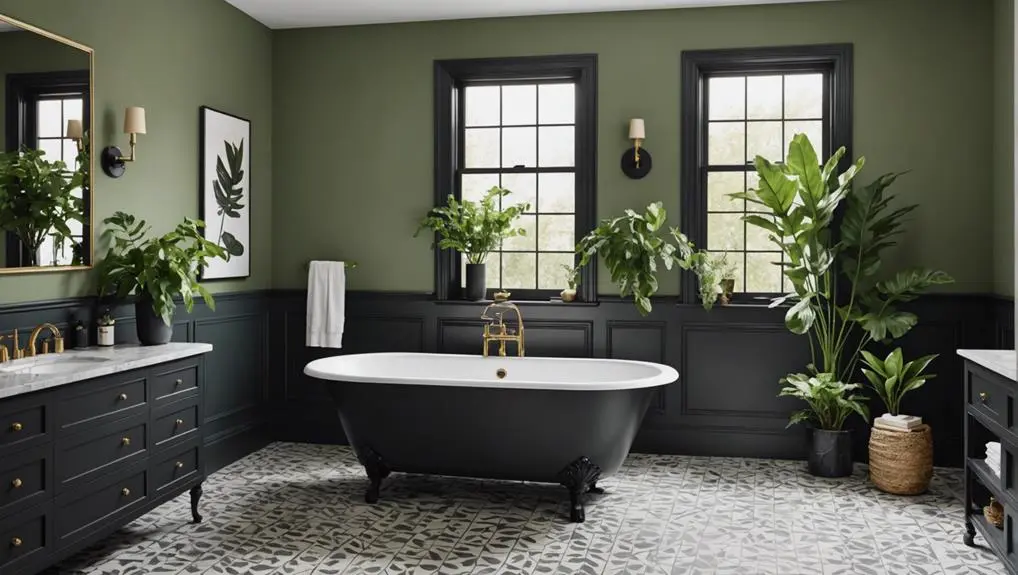 A green and black bathroom with black bathtub and woven basket and plants in the bathroom 
