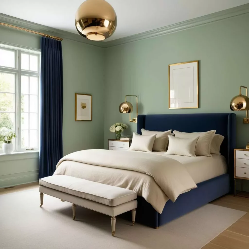 A sage green bedroom with blue bed ans cream blanket and pillow 