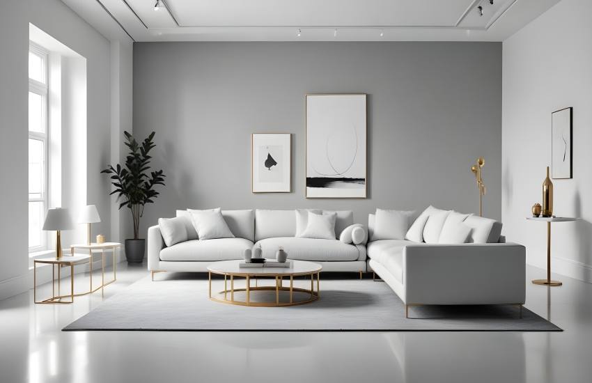 A white and grey living room with white sofa and table and white floor