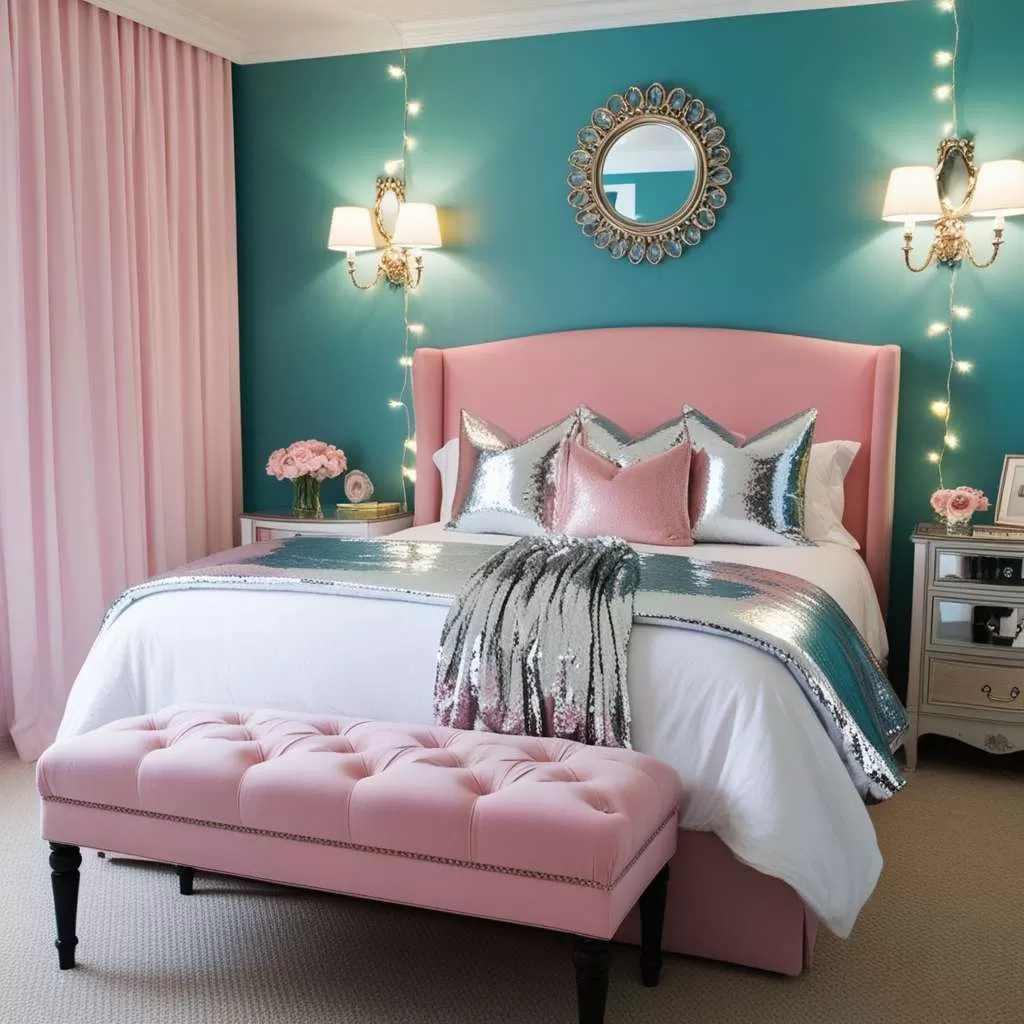 A pink and teal bedroom with mirror on the wall and lights 