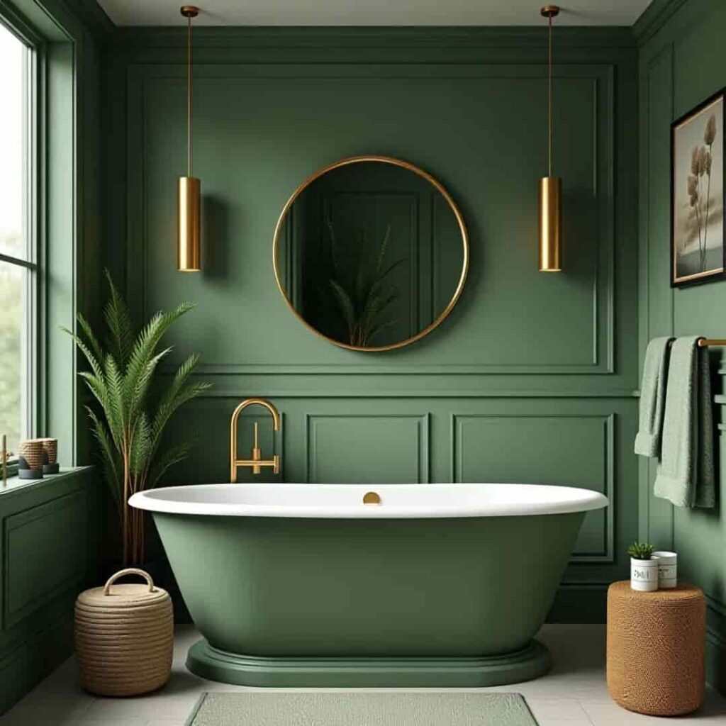 A sage green bathroom with gold mirror on the wall and gold fixtures 