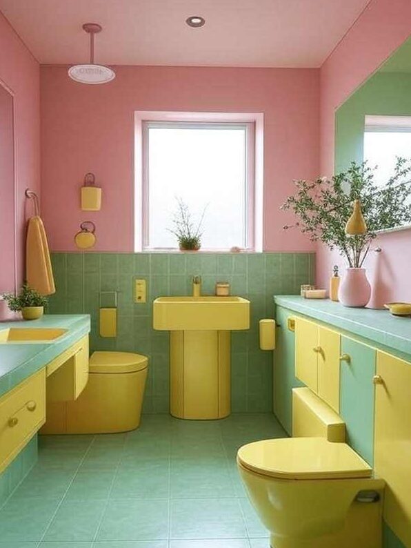 A green and pink bathroom with yellow accent and sage green floor