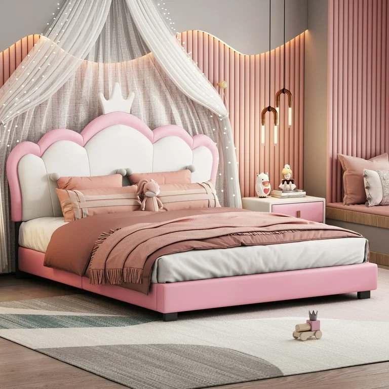 A white and pink headboard with pink panel wall and white curtain 