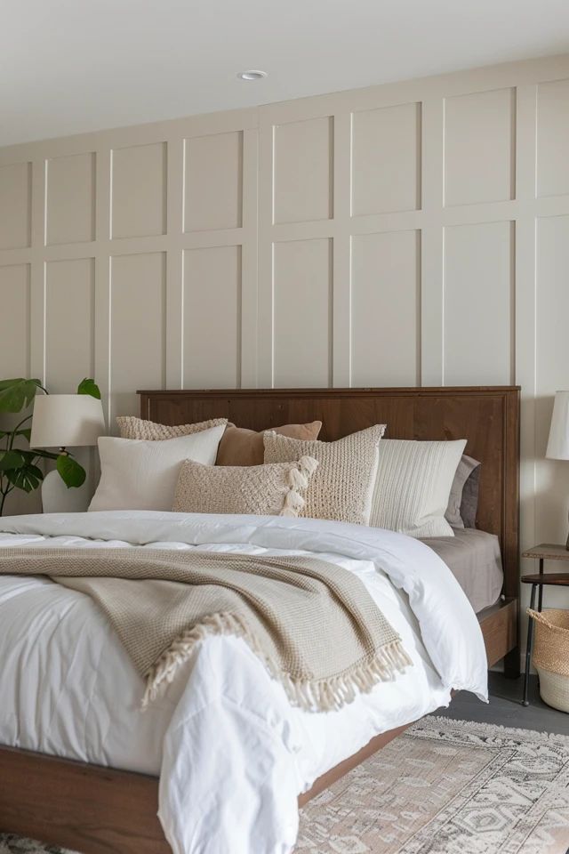 A board and batten bedroom with wooden bed with pillow and cushion 