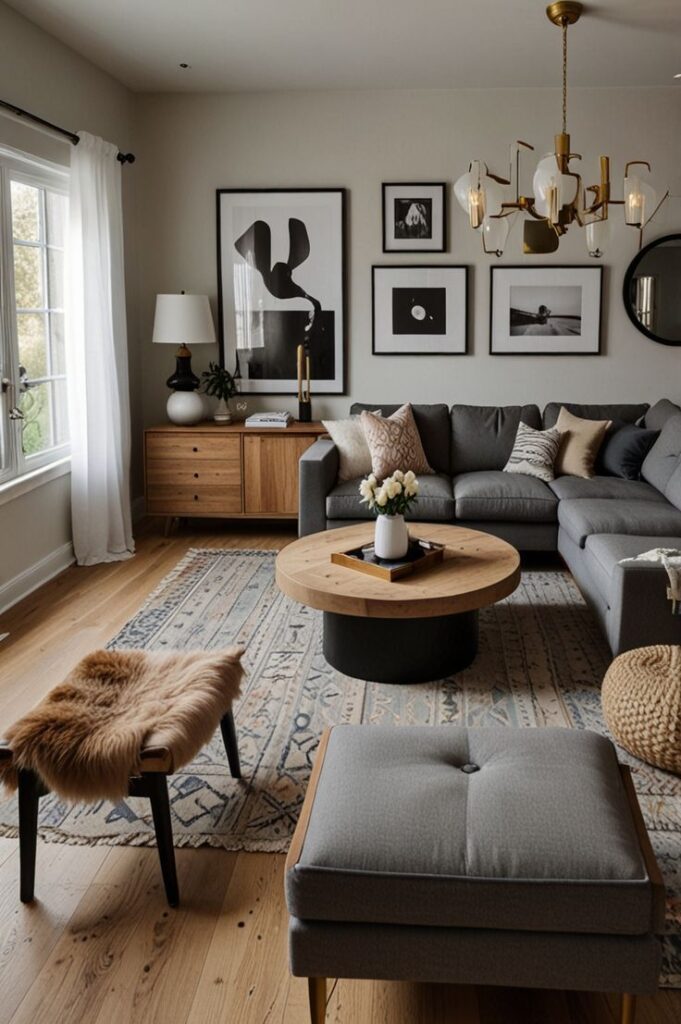 A grey living room with wooden floor and rug on it and sofa with cushion 