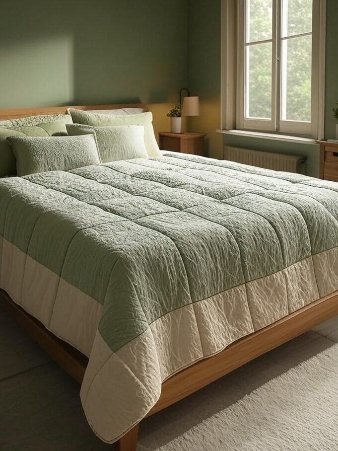 A sage green bedroom with cream quilt and window and side table and vase on it 
