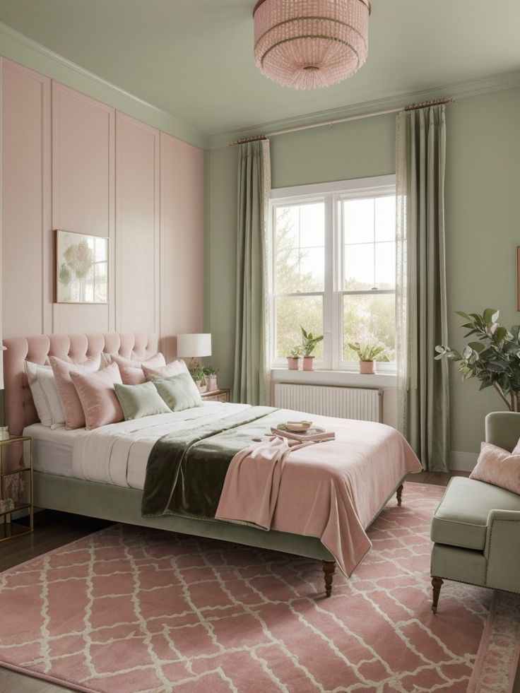 A sage green bedroom with pink blanket and window 