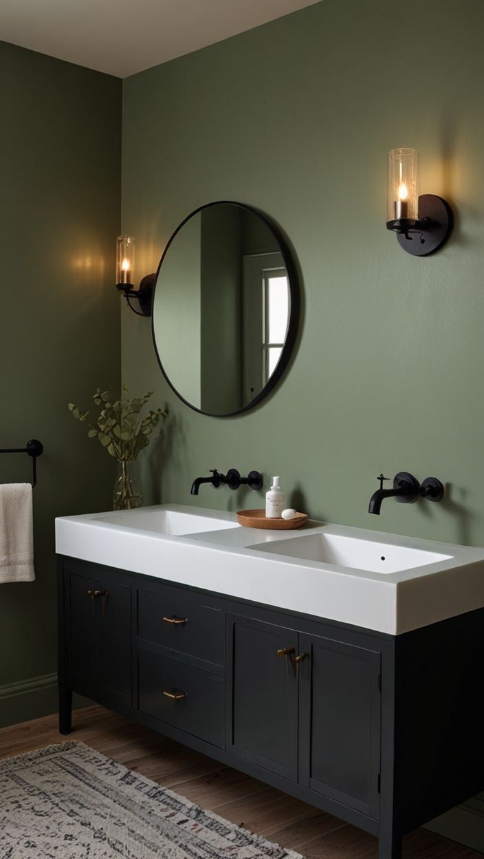 A sage green bathroom with black accents and mirror on the wall 
