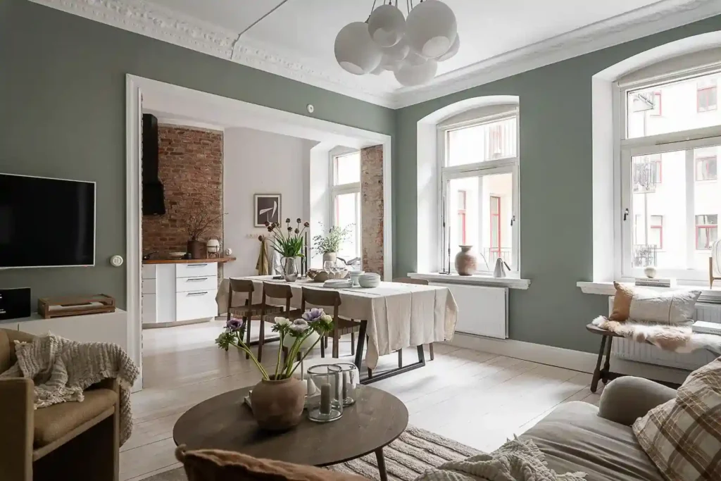 A green living room with white trim and wooden table and sofa 
