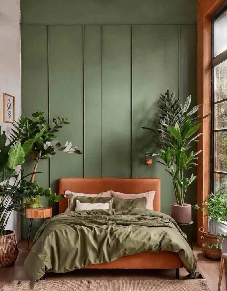 A green paneling wall with terracotta bed with plant in the bedroom 