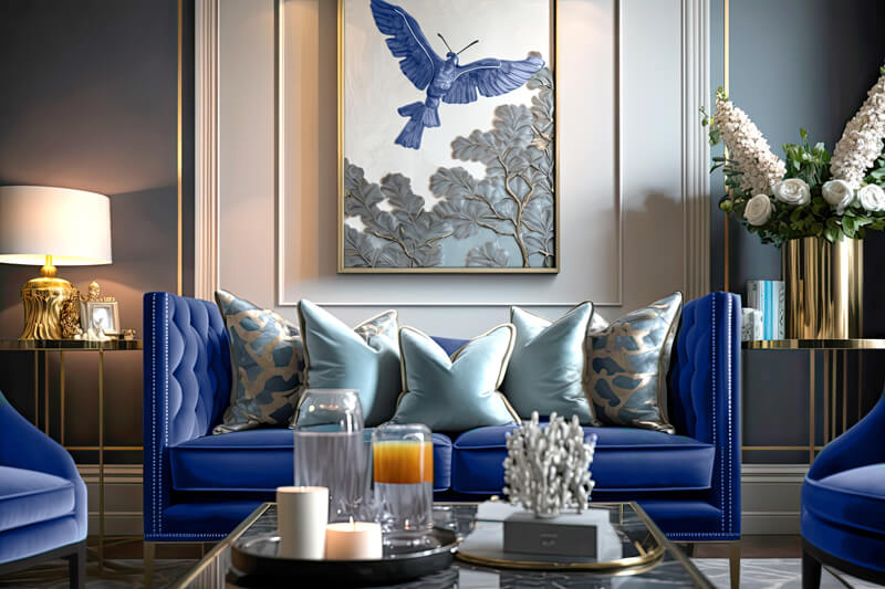 A grey and blue living room with side lamp with gold accents 