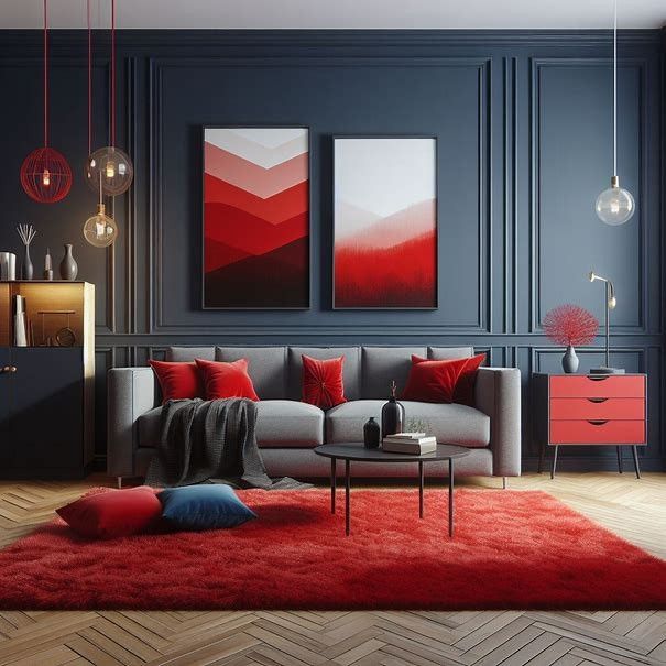 A navy living room with grey sofa and red cushion and wooden floor and rug on it 