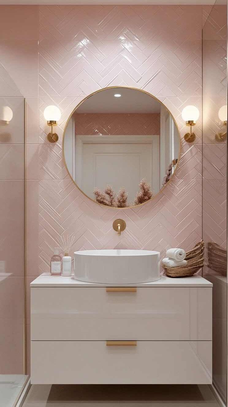 A pink tiles and white vanity with gold accent and gold fixture and mirror on the wall 