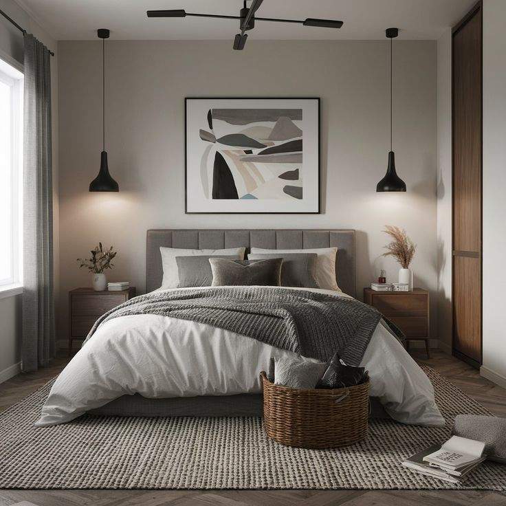 A grey bedroom with strategic matte black light fixture