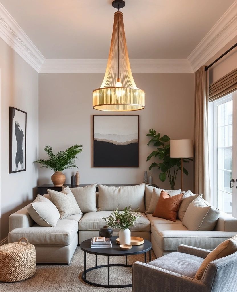 A taupe wall with off white furnishing living room and beige sofa with cushion 