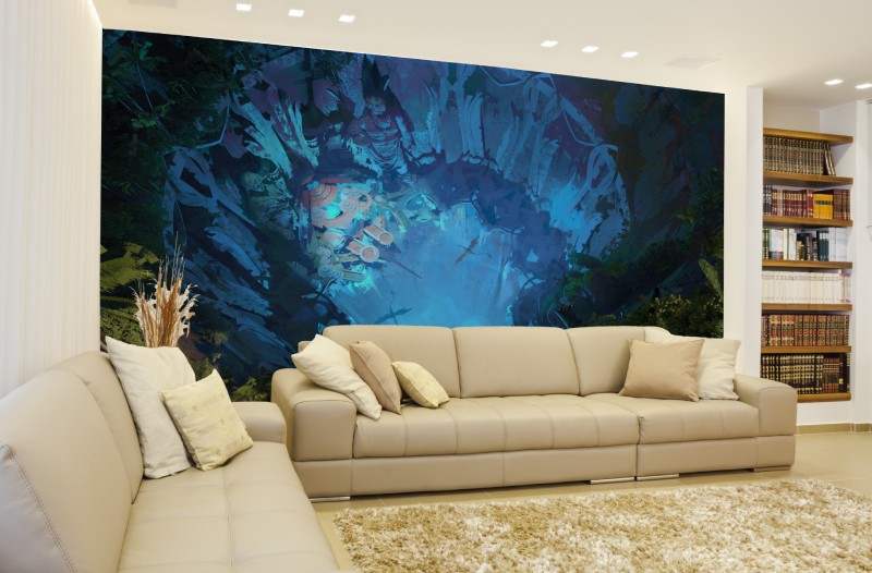 A beige living room with blue wallpaper and beige sofa with cushion 