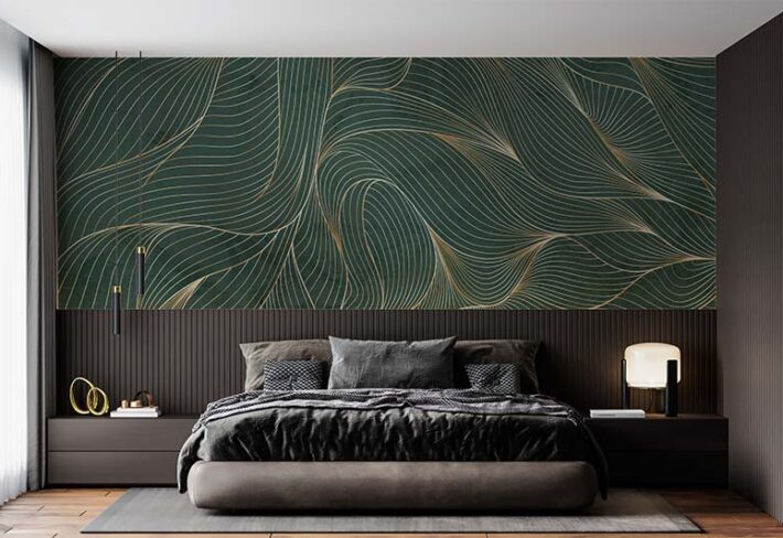 A green textured wallpaper with black accents 