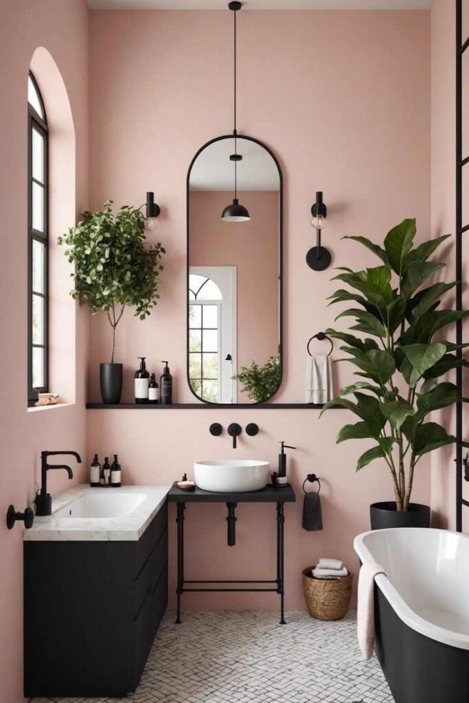 A pink bathroom with jute basket and black accents