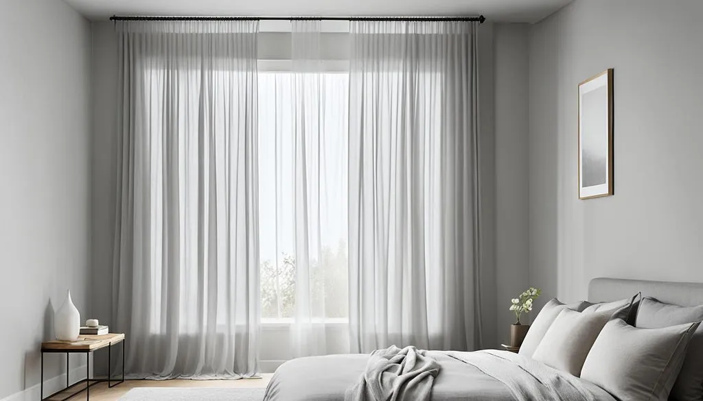 A grey bedroom with sheer curtain and painting on the wall 
