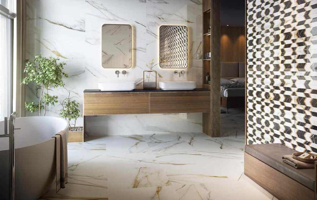A white and gold marble wall and floor in the bathroom 
