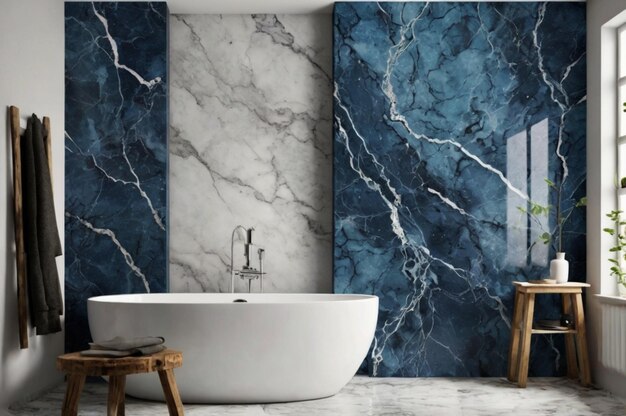 A blue and grey marble wall with white bathtub and wooden bench 