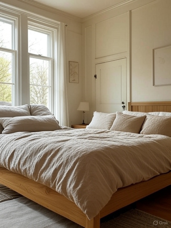 A batten and board bedroom with windows and door 