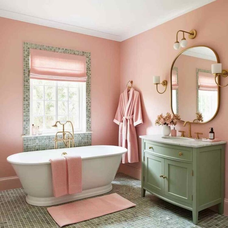 A pink and green bathroom with white bathroom with mirror on the wall