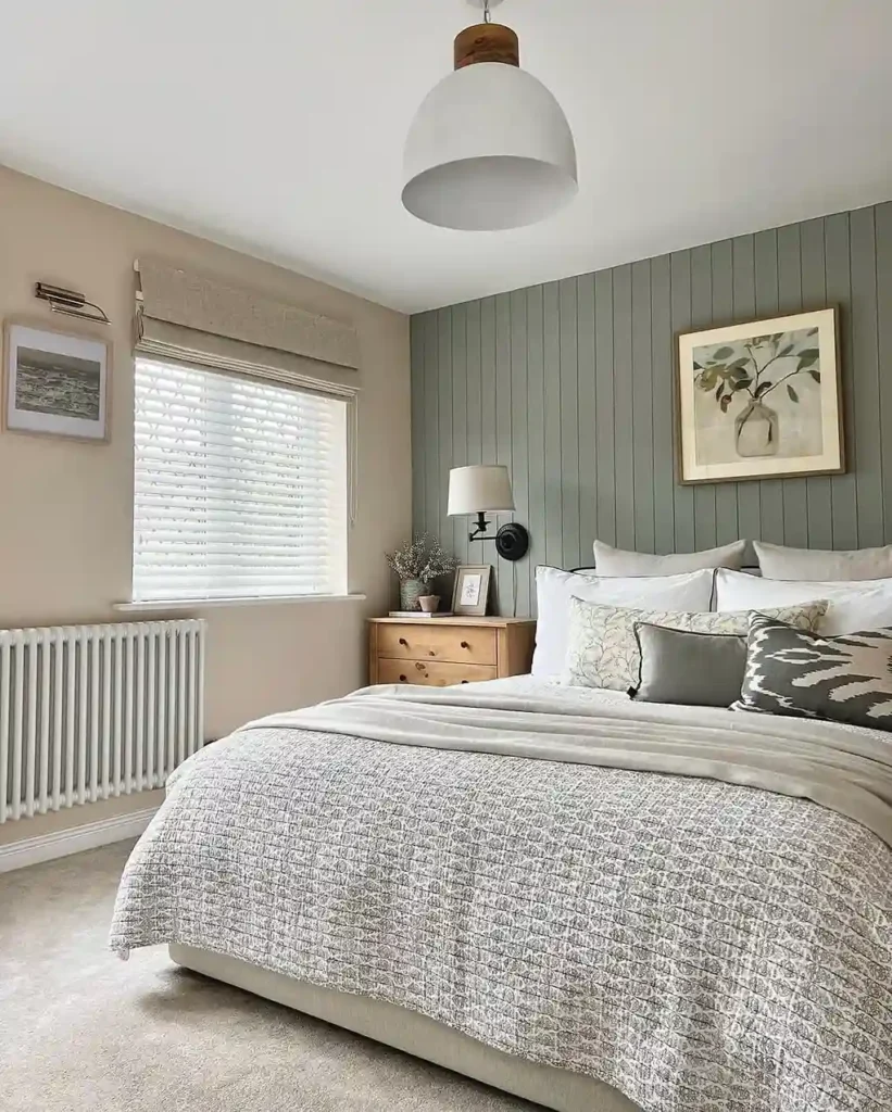 A green and cream with windows treatment and wooden side table 