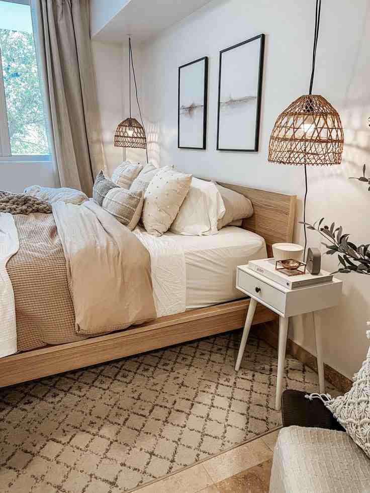A white bedroom with woven light and wooden bedding and frames on the wall 