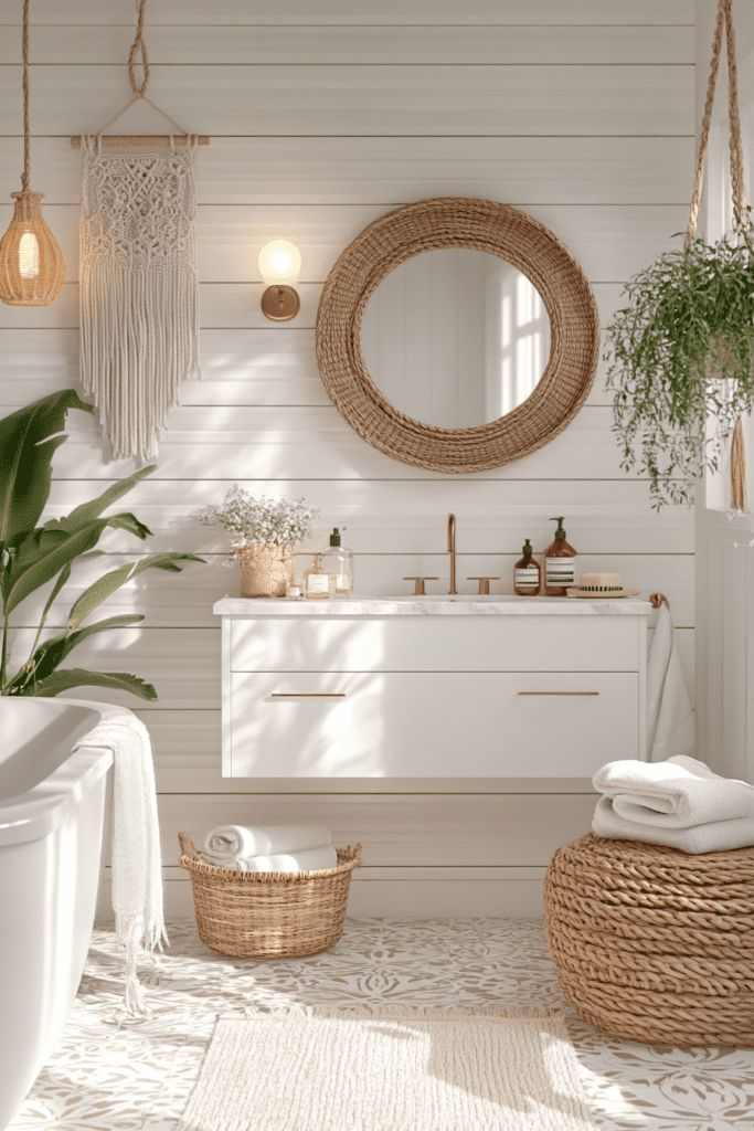 A woven basket in white bathroom with vanity 