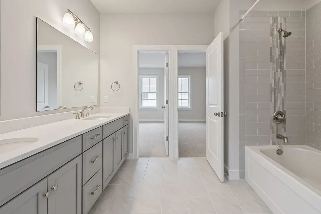 A jack and jill bathroom with door and mirror on the wall with lights 