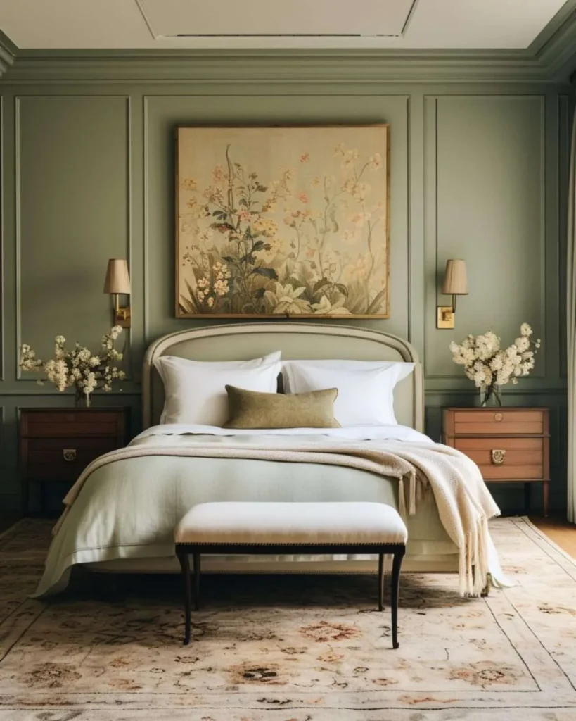 A sage green bedroom with cream lights on the wall and beige bedding 