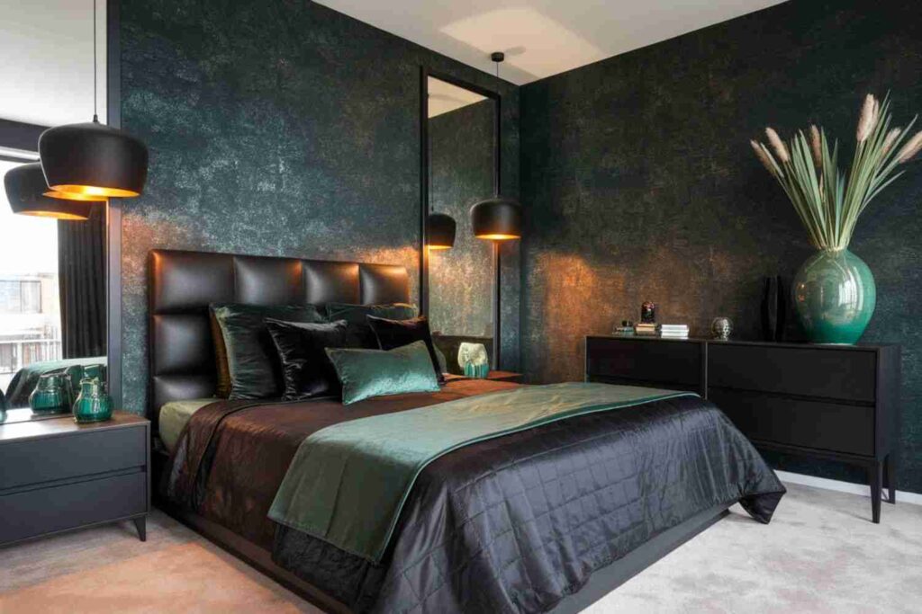 A green bedroom with black bed and side table and vase on it and  light above the wall 