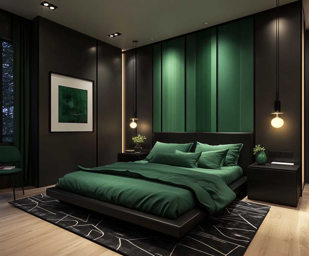 A black and green bedroom with light fixture and wooden floor and green blankets and pillow  