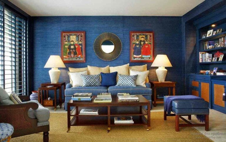blue and brown living room featured image