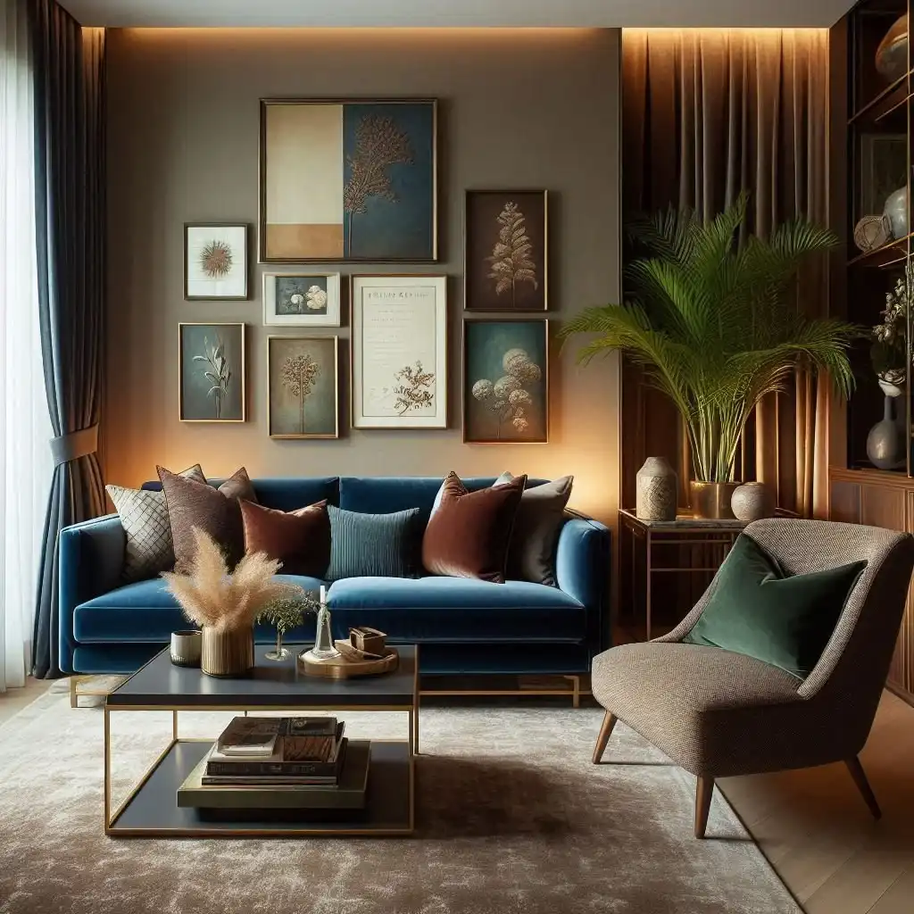 A brown and living room with blue sofa and tale and frames on the wall 
