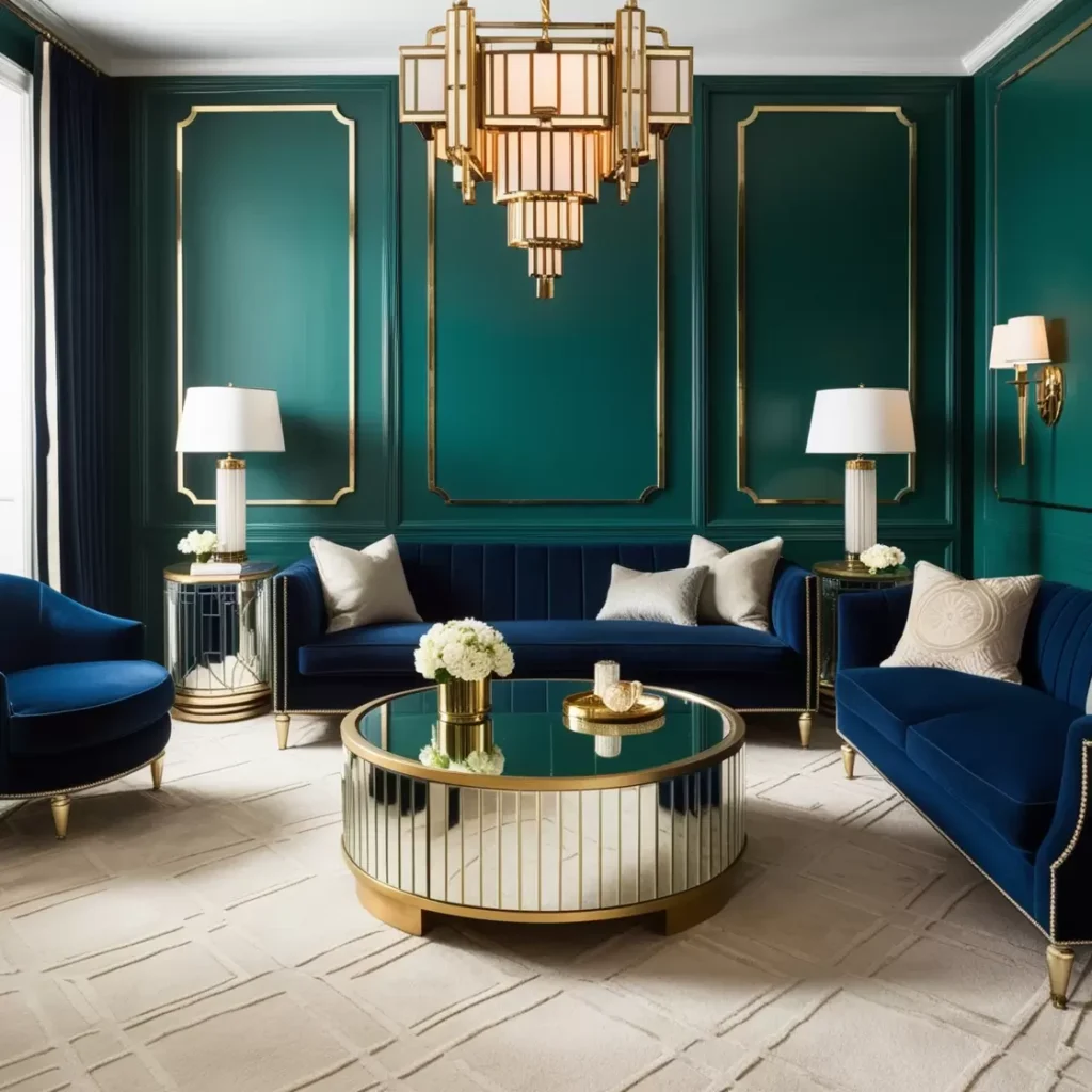 A dark green living room with blue sofa and metal table and wooden floor 