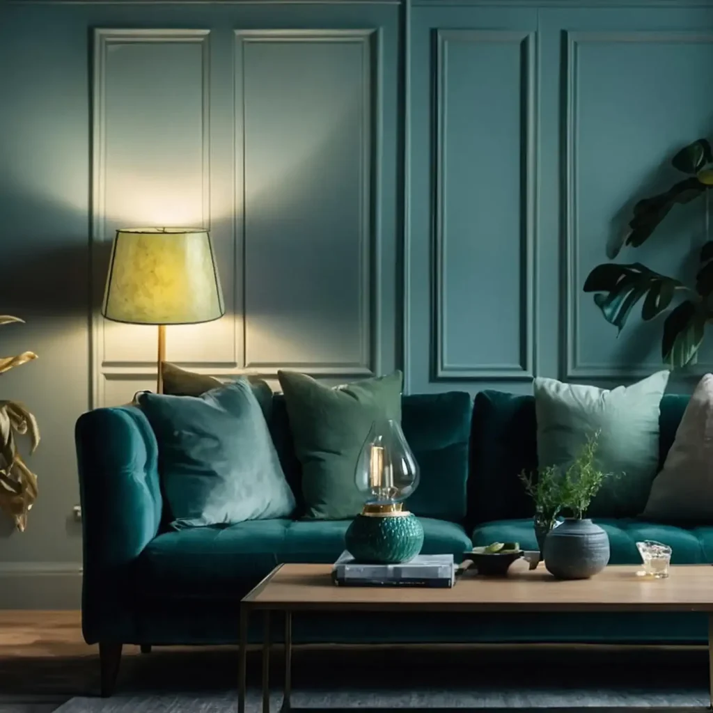 A green and blue living room with green lamp on the room 