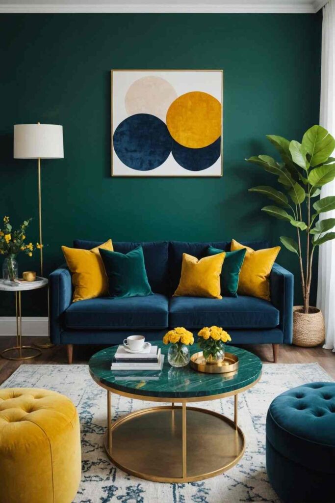 A green living room with blue sofa and yellow accents and plants in the corner 