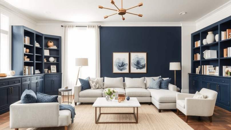 A blue living room with white celling and white sofa and cushion 