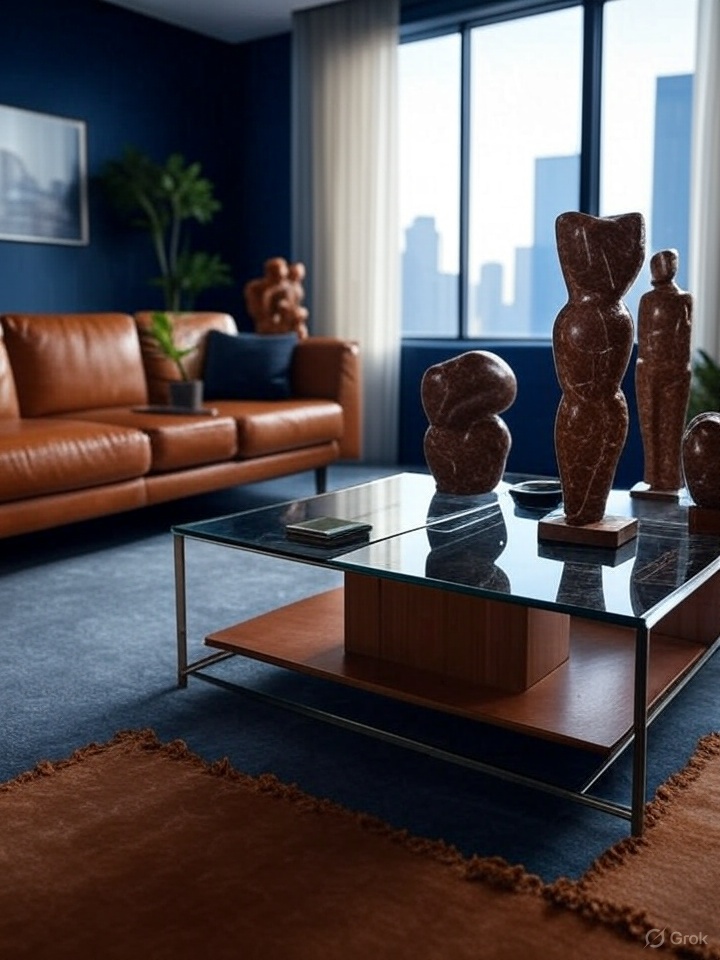 A blue living room with brown sculptures and windows 
