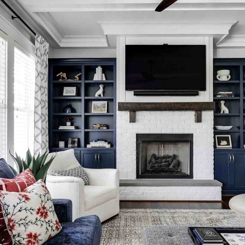 A blue shelve in grey living room with sofa and cushion 