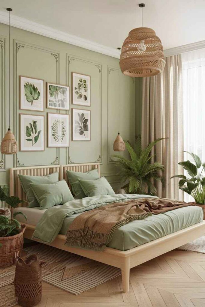 A sage green bedroom with painting on the wall and pillow and blanket on the bed 