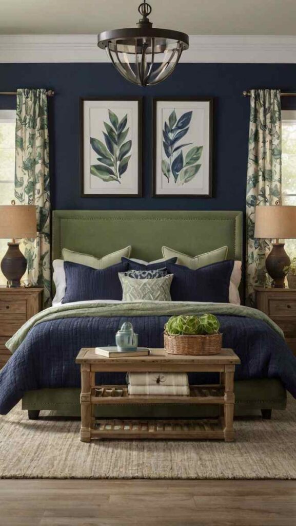 A navy blue bedroom with green bedding and blue blankets and pillow 