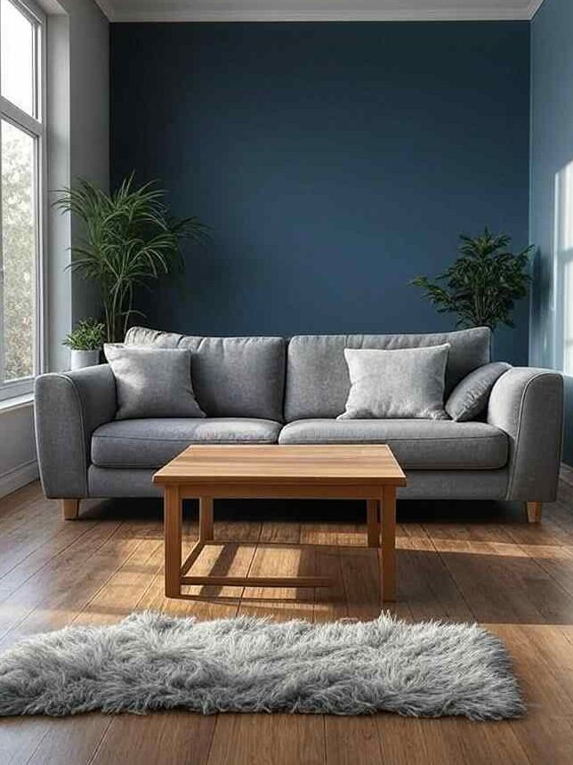 A blue and light blue living room with grey  sofa and grey rug on the wooden floor 