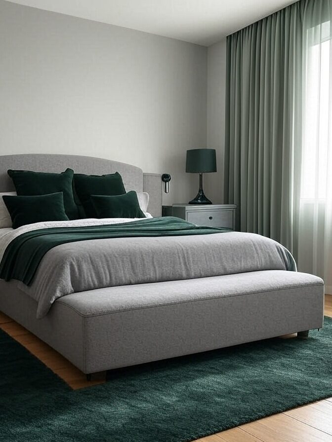 A grey bedroom with windows and curtain and green cushion and throw 