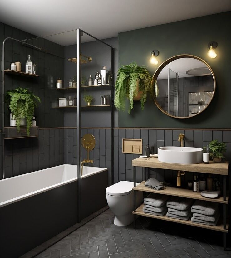 A grey and dark green bathroom with bathtub and wooden vanity and mirror on the wall 
