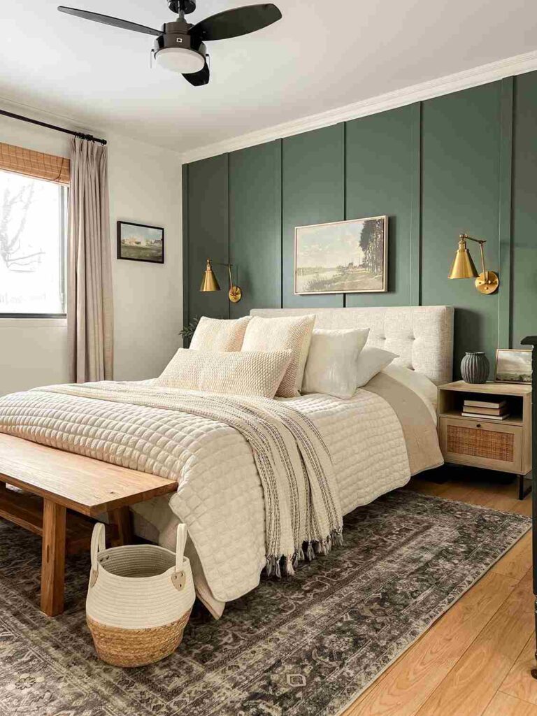 A sage green and cream bedroom with gold light on the wall and wooden floor 
